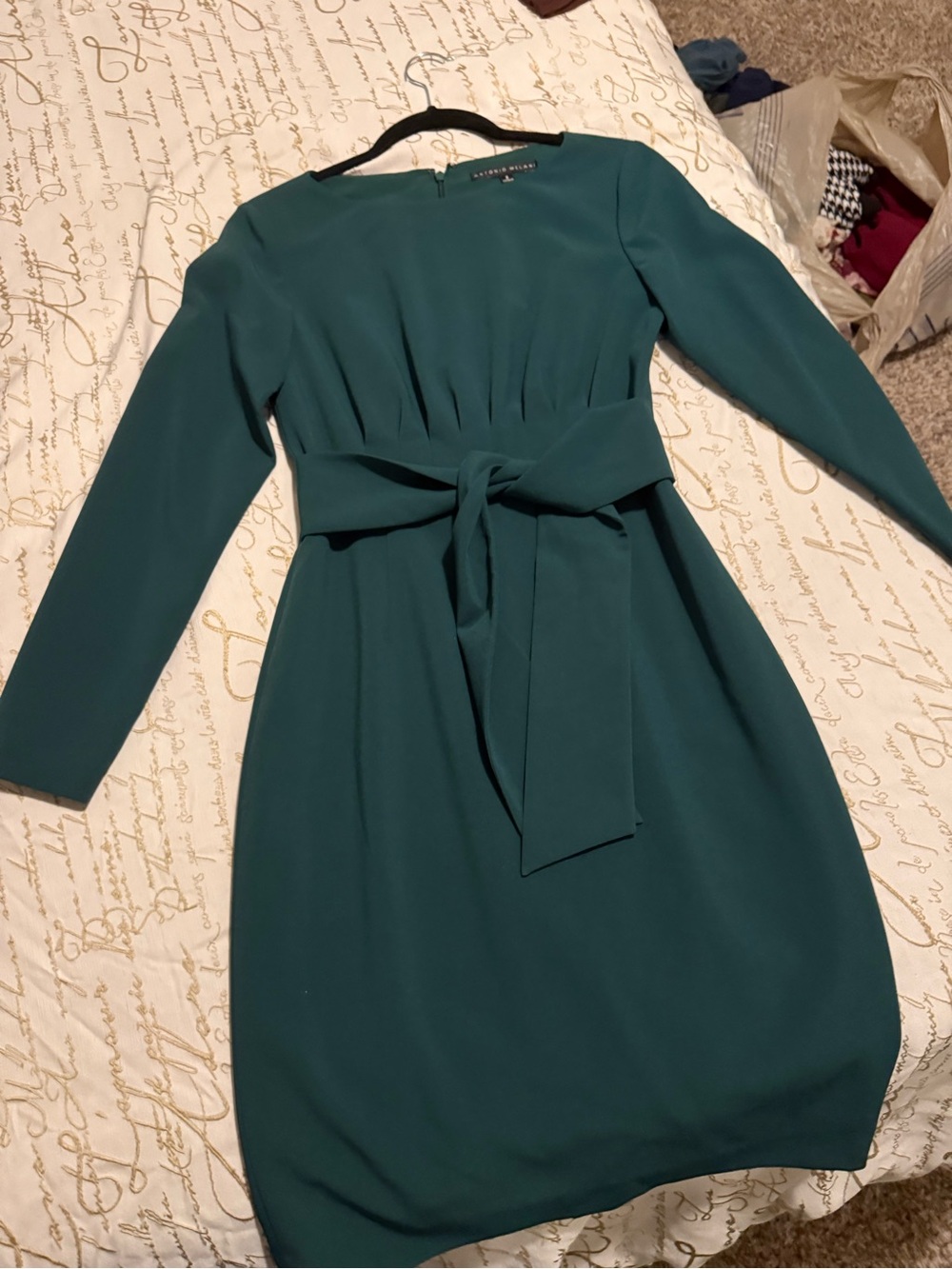 Elegant Teal Long-Sleeve Tie-Waist Dress
